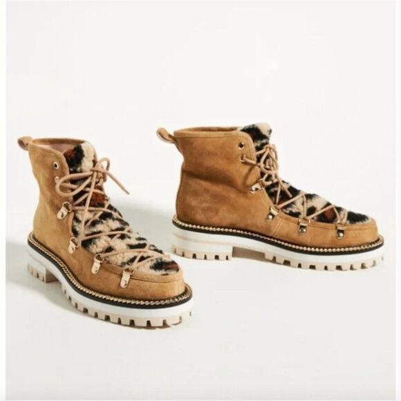 EUC Cecelia New York Hope Sherpa Leopard Boot Lace Up Tan Women's 10 Like New - Picture 1 of 15